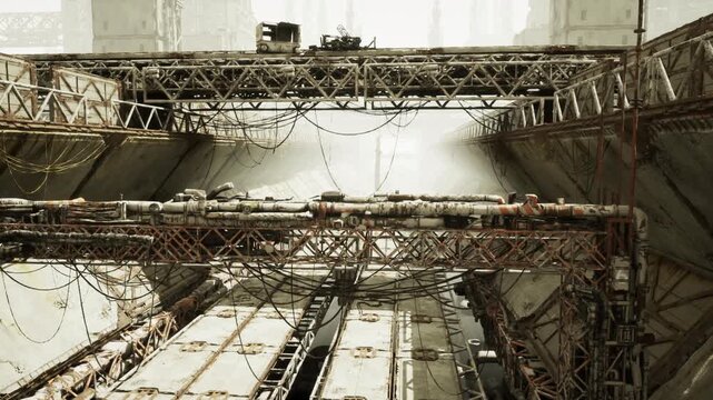 Extensive cargo rail network within industrial storage facility. Vast shipment rail infrastructure visible inside dimly lit cargo storage area