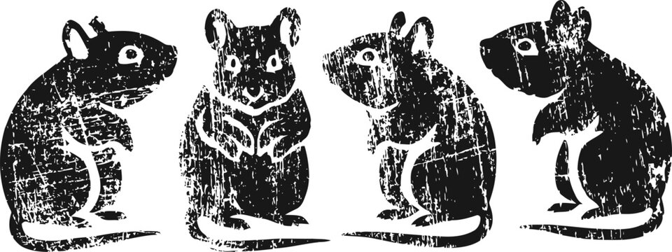 set of four vintage black and white mouse illustrations with textured, rustic effect