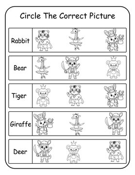 Printable costume animal word recognition worksheets for preschool and pre-k learners. Kids read each word and circle the correct dressed-up animal picture, building word recognition and print aware