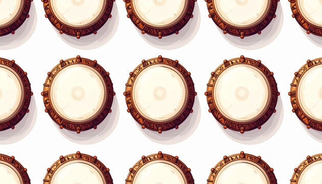 Seamless Pattern of Traditional Hand Drums Top View in Flat 2D Illustration Style