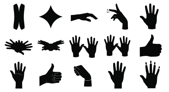 Silhouettes of different hand gestures showcasing various positions and expressions in black on a white background.