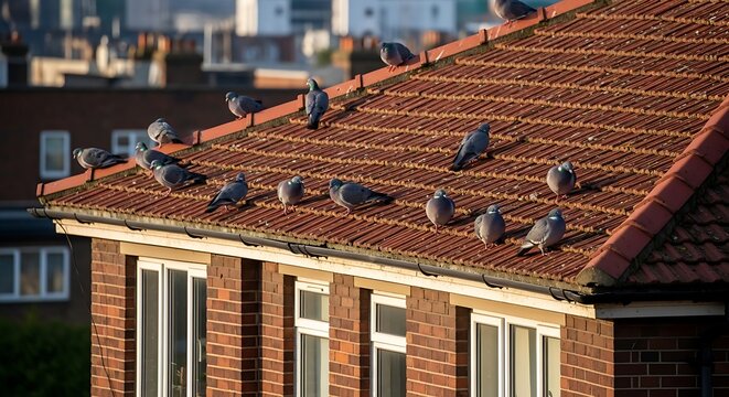 Pigeons Perched on a Red Brick Roof in Sunlight.