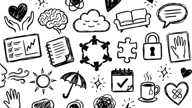Mental health support therapy scribble icon set