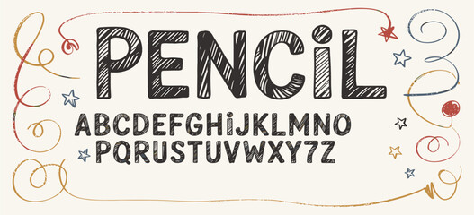 Fototapeta premium Hand drawn childish pencil font, playful alphabet kid scribbles with crayon texture. Grunge bold pen letters and numbers doodles, cute vector scrawled abc font for school and kindergarten