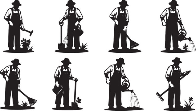 Farmer silhouettes engaged in various agricultural tasks with tools gardener agriculture gardening silhouette countryside outdoors planting watering shoveling overalls illustration