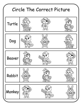 Printable costume animal word recognition worksheets for preschool and pre-k learners. Kids read each word and circle the correct dressed-up animal picture, building word recognition and print aware