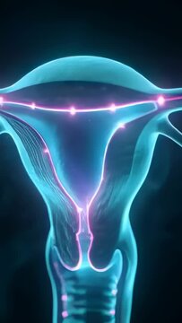 Vertical video: Pulsing uterus with nodes pulsing along neon track to cervix for study in dark void