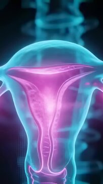 Vertical video: Emitting magenta glow, uterus model pulsing, particles moving along cervix in 3D
