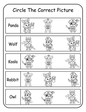 Printable costume animal word recognition worksheets for preschool and pre-k learners. Kids read each word and circle the correct dressed-up animal picture, building word recognition and print aware