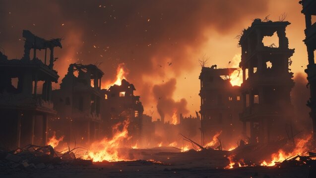Conceptual illustration of ruined buildings engulfed in flames and thick smoke.