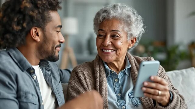 A man and woman share a mobile phone, smiling and laughing together.