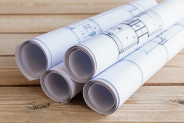 Fototapeta premium Rolled architectural blueprints lie on a light wooden table. Technical drawings display building plans and project details. Pro documents await review and work.