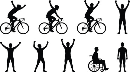 Fototapeta premium Cyclist and Human Celebration Silhouettes Collection with Wheelchair User and Standing Male Vector Set