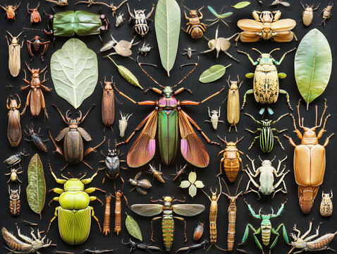 Diverse insect collection featuring metallic beetles and green leaves arranged on a dark surface in a flat lay composition