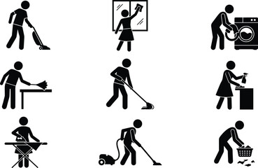 Naklejka premium Household Cleaning Icons Collection Featuring Vacuuming Laundry Mopping Dusting and Ironing Silhouette Vector Set