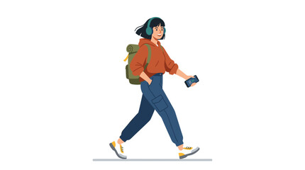 Fototapeta premium Young woman with headphones and backpack walking and listening to music on her phone, isolated on white background