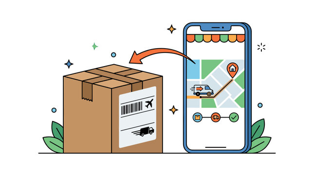 Online shopping delivery tracking with a smartphone app showing a package moving on a map and a delivery van icon indicating logistics