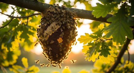 Fototapeta premium Wild honeybee colony nest hanging from branch in sunlight