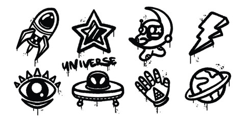 Set of graffiti spray Universe Exploration From Rockets to UFO vector illustration © Sink artworks