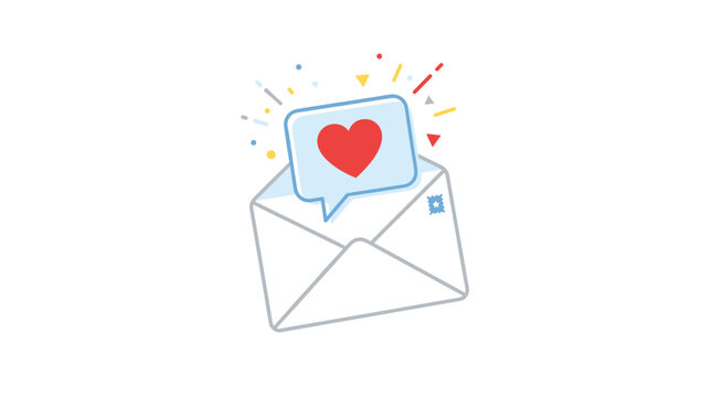 Open envelope with a heart symbol and confetti exploding from it, symbolizing love message or notification