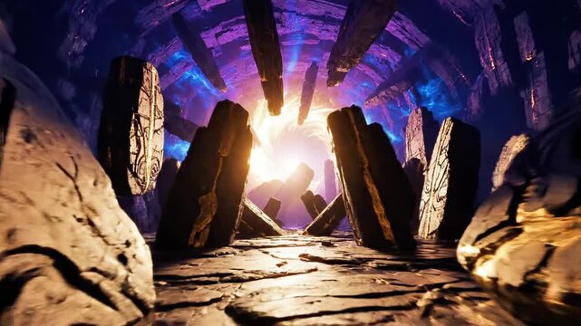 A dimly lit stone tunnel with ancient carvings and a radiant light at the end