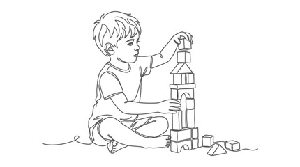 A young boy playing with wooden blocks in a continuous line art style. © anto