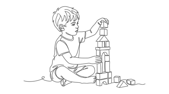 A young boy playing with wooden blocks in a continuous line art style.