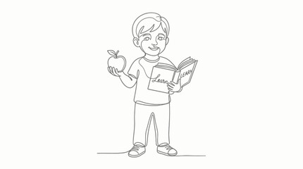 Fototapeta premium Continuous one line drawing of a schoolboy holding an apple and a book.