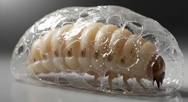 Insect pupa emerging from transparent protective casing