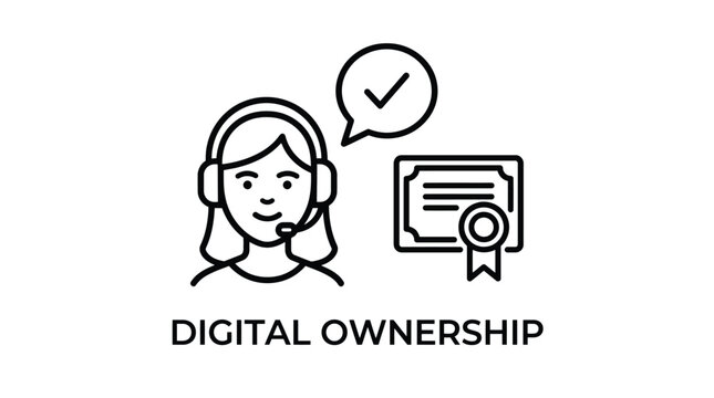 Vector graphic illustration of Digital ownership concept with woman wearing headset and certificate Vector