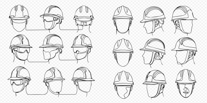 Detailed Line Art Illustrations of Various Safety Helmets and Hard Hats.