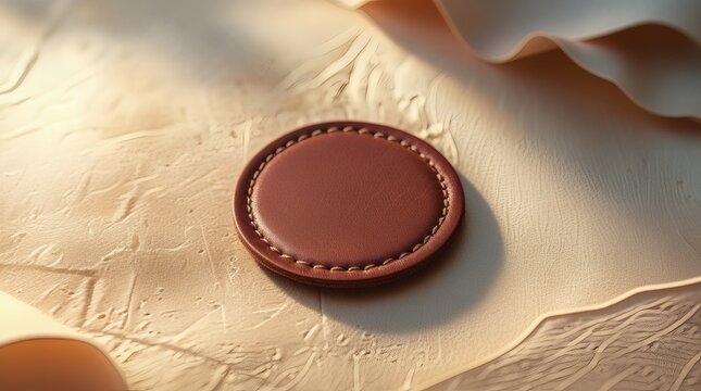 A round leather patch placed on a textured beige surface with soft natural lighting.