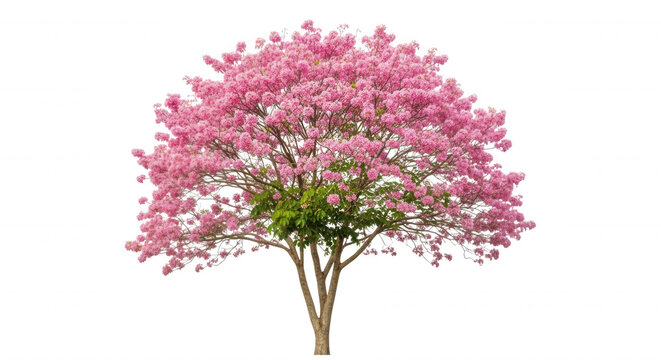 A blooming tabebuia rosea tree with dense clusters of pink trumpet-shaped flowers, isolated against a solid black background