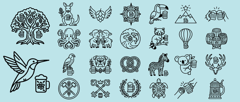Wild Animals, Craft Beer Line Art Icons, Brewery Vector Set, Funny Animal Beer Icons Minimalist Outline Vector Graphics Pack.eps