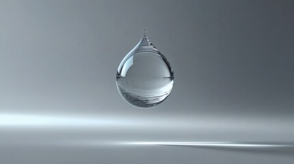 Fototapeta premium A single transparent water drop floating in mid-air against a neutral background.