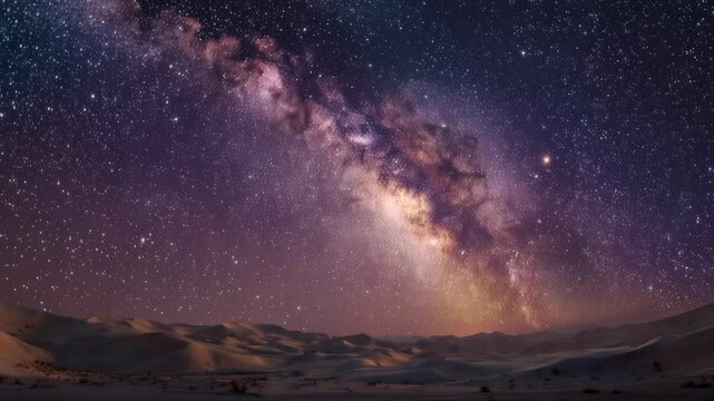 Stars shine over the desert landscape with the Milky Way visible in the night sky as dusk settles in the background