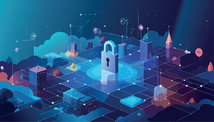 Naklejka premium Digital padlock protecting smart city network infrastructure