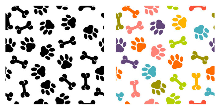 Dog paw seamless pattern vector illustration. Black seamless pattern of footstep cat paws. bone pattern on white background. Editable stroke.