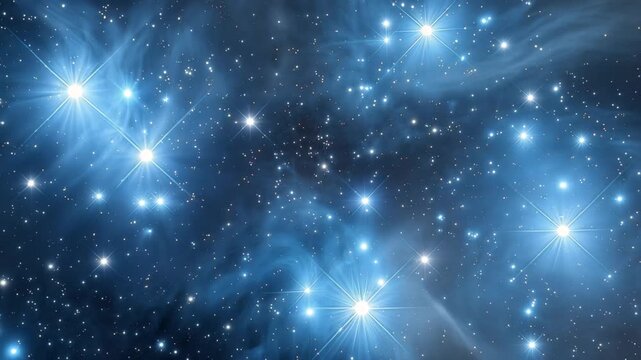 Stars shine brightly in a cluster in the night sky over a distant galaxy at an unknown time in the universe