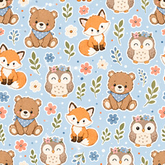 Obraz premium Cute Woodland Animals Sticker Style Seamless Pattern with Bears Foxes and Owls