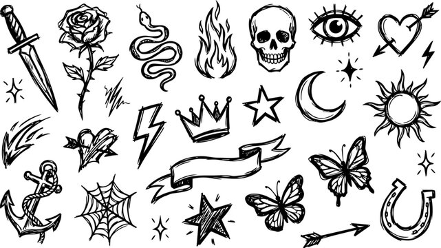 Tattoo flash gothic scribble icon set
