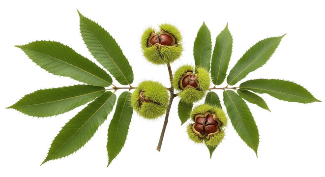 A branch of sweet chestnut with green serrated leaves and three spiky, open husks containing brown, glossy nuts against a black background