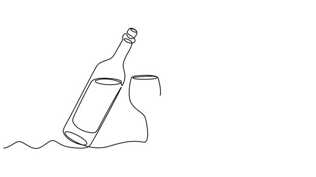 Animated self drawing of continuous line draw of  Bottle of wine with wineglass . Full length one line animation. 4K, Self-drawing of a bottle of wine and a groan of grapes in one line on a white back