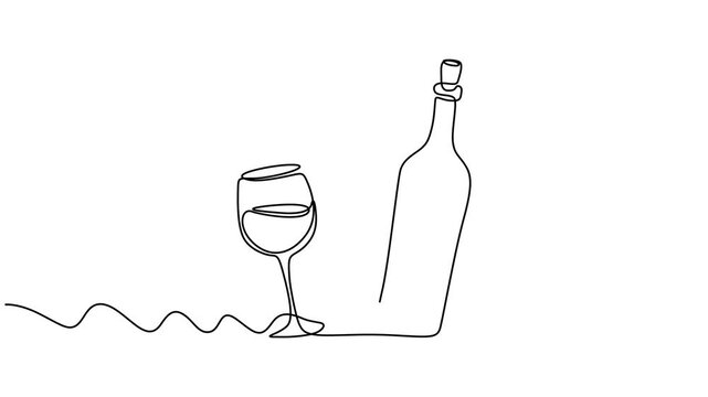 Animated self drawing of continuous line draw of  Bottle of wine with wineglass . Full length one line animation. 4K, Self-drawing of a bottle of wine and a groan of grapes in one line on a white back