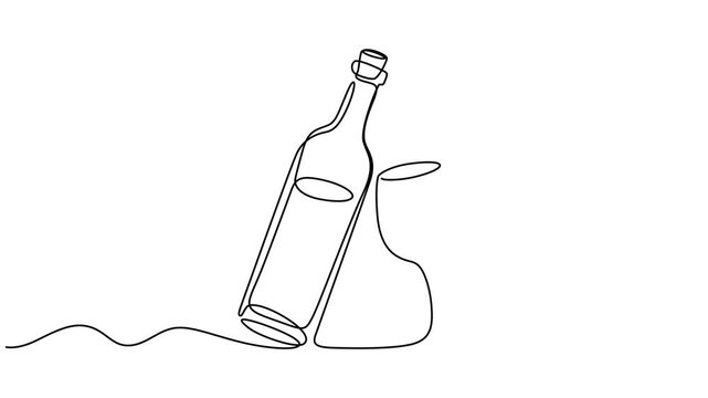 Animated self drawing of continuous line draw of  Bottle of wine with wineglass . Full length one line animation. 4K, Self-drawing of a bottle of wine and a groan of grapes in one line on a white back