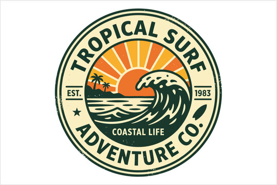 Retro tropical surf coastal life adventure co established 1983 circular badge logo with distressed texture and big curling wave