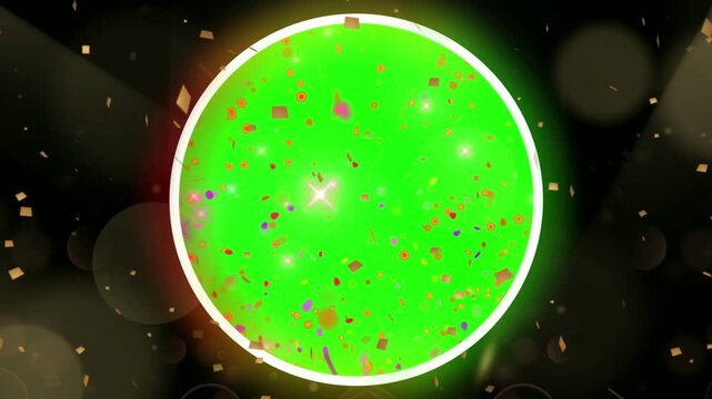 Glowing green orbs with sparkles and confetti on transparent background