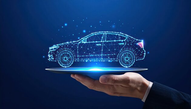 Blue glowing polygonal sedan car model rendered digitally hovering above a sleek tablet held by a hand symbolizing advanced automotive technology and connectivity.
