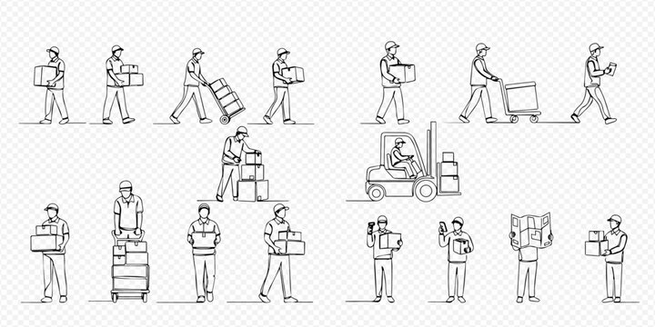 Continuous line drawing of delivery workers with boxes and forklifts, set of various poses and actions.