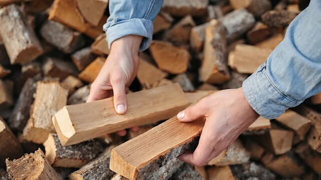 Person's hands holding logs from a large stack of firewood.